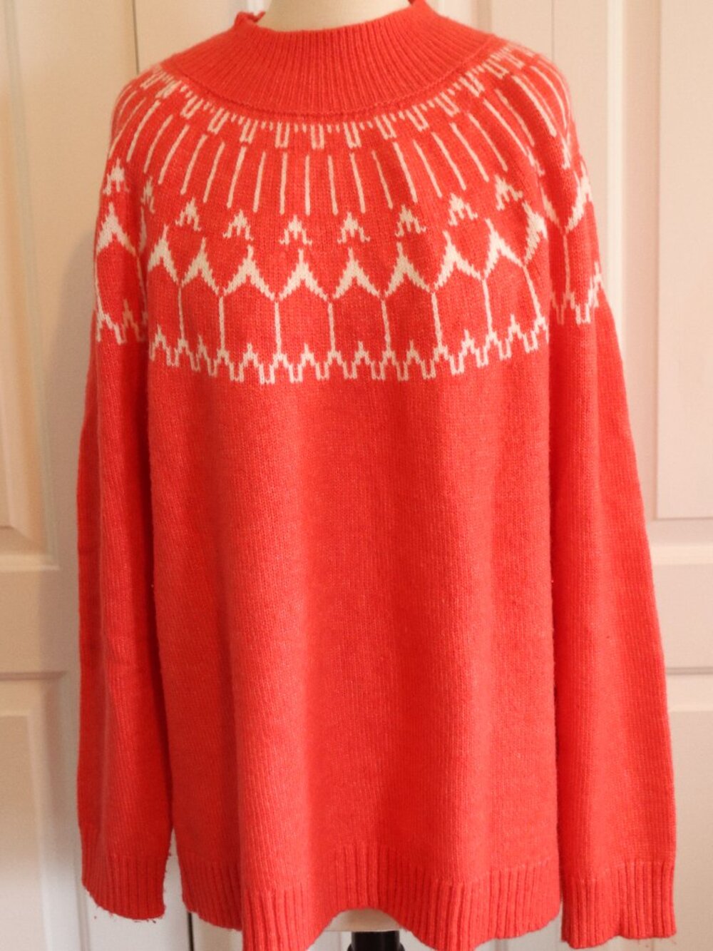 Talbots Fair Isle Mockneck Sweater White Geometic Yoke Long Sleeve Sz XL Salmon